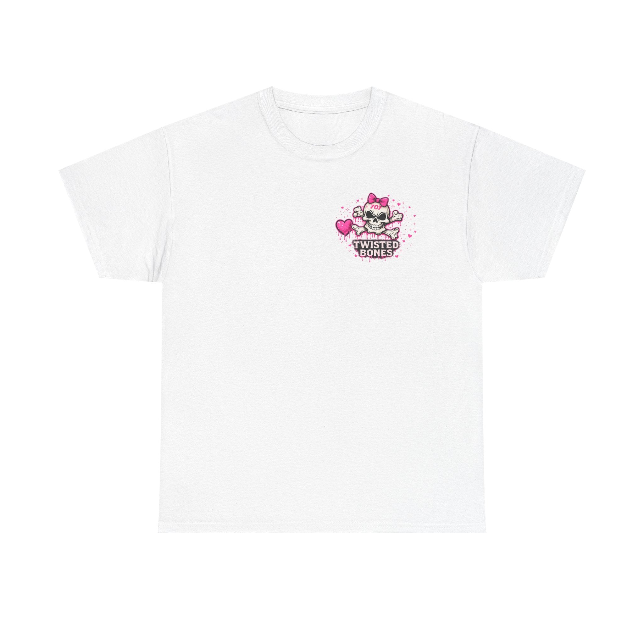 Twisted Bones Cute Skull Tee — Pink Heart Bow Graphic T-Shirt