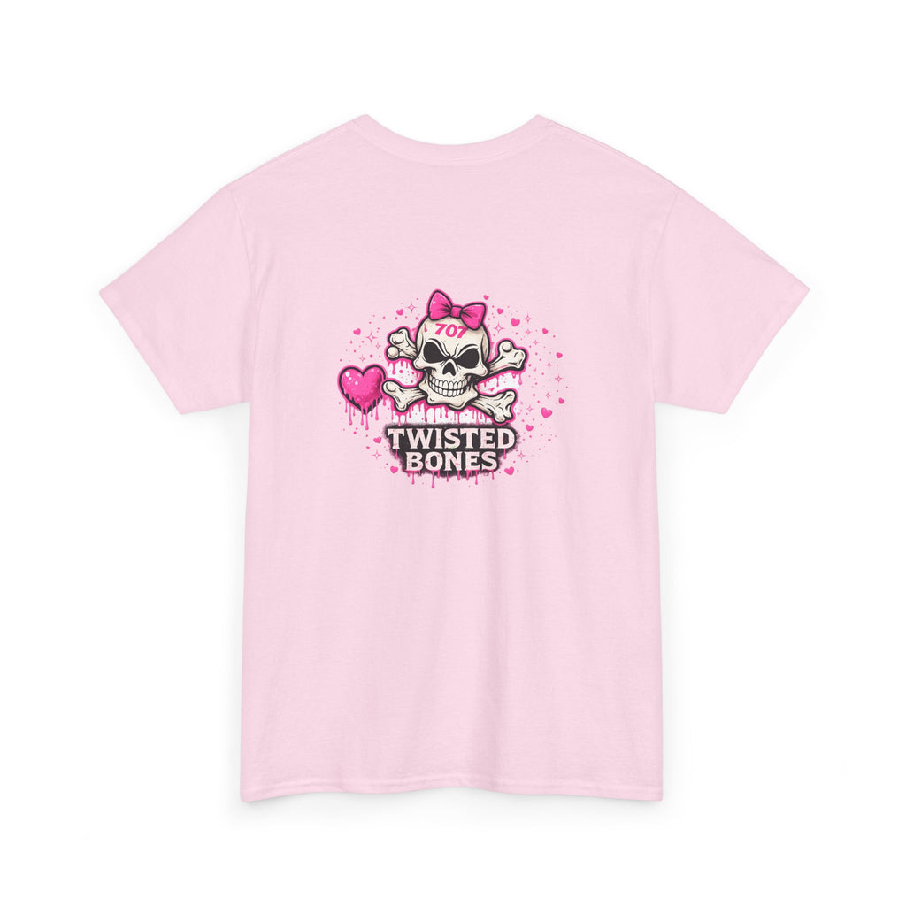 Twisted Bones Cute Skull Tee — Pink Heart Bow Graphic T-Shirt