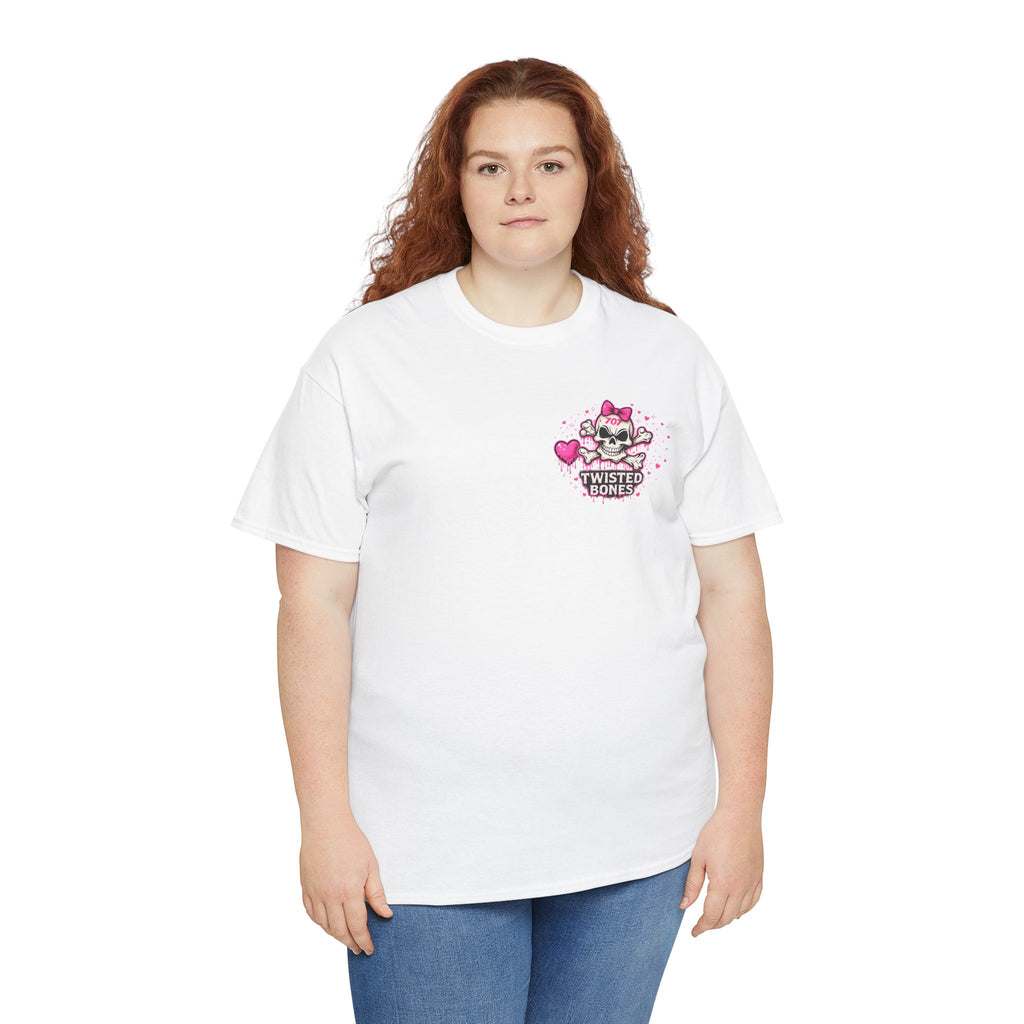Twisted Bones Cute Skull Tee — Pink Heart Bow Graphic T-Shirt