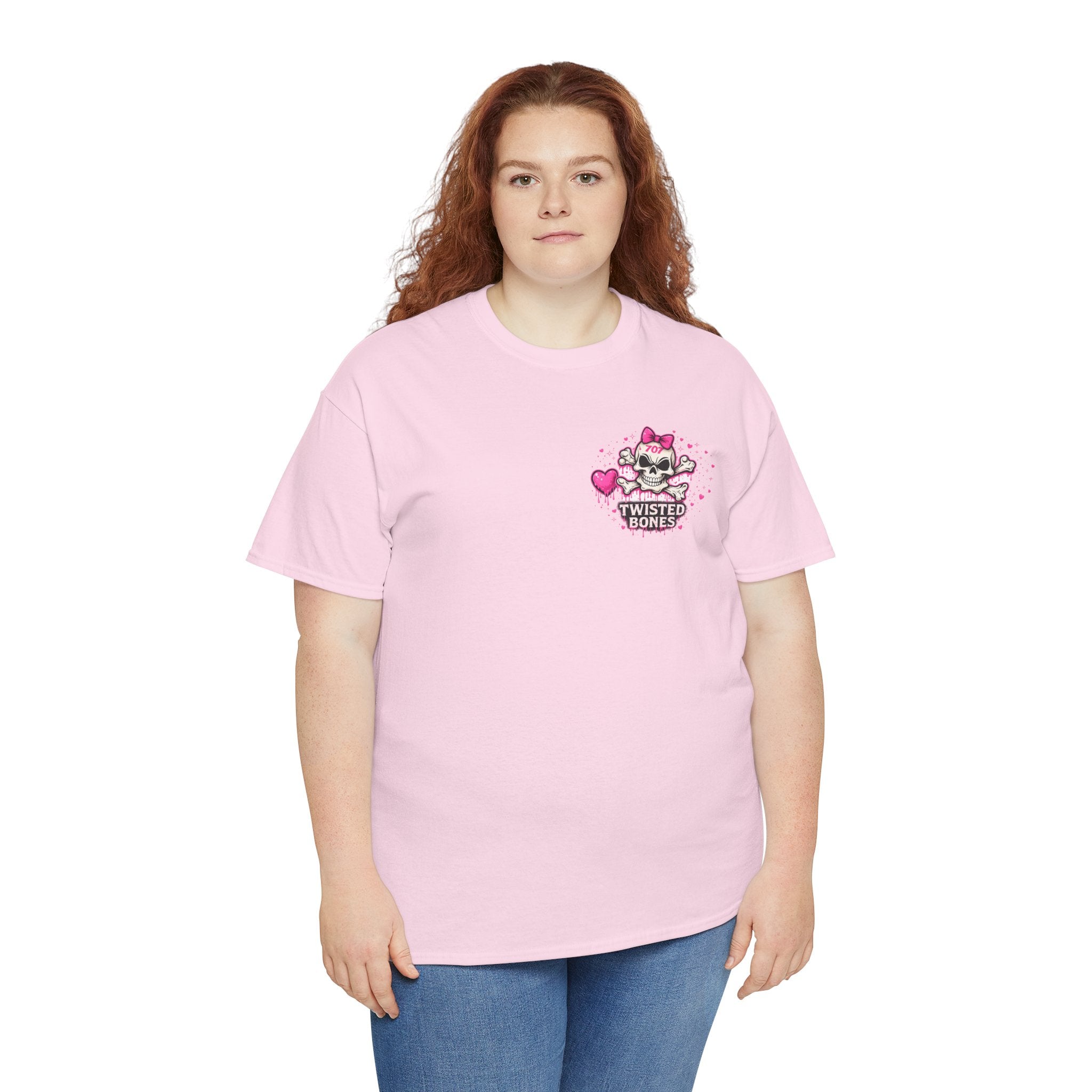 Twisted Bones Cute Skull Tee — Pink Heart Bow Graphic T-Shirt