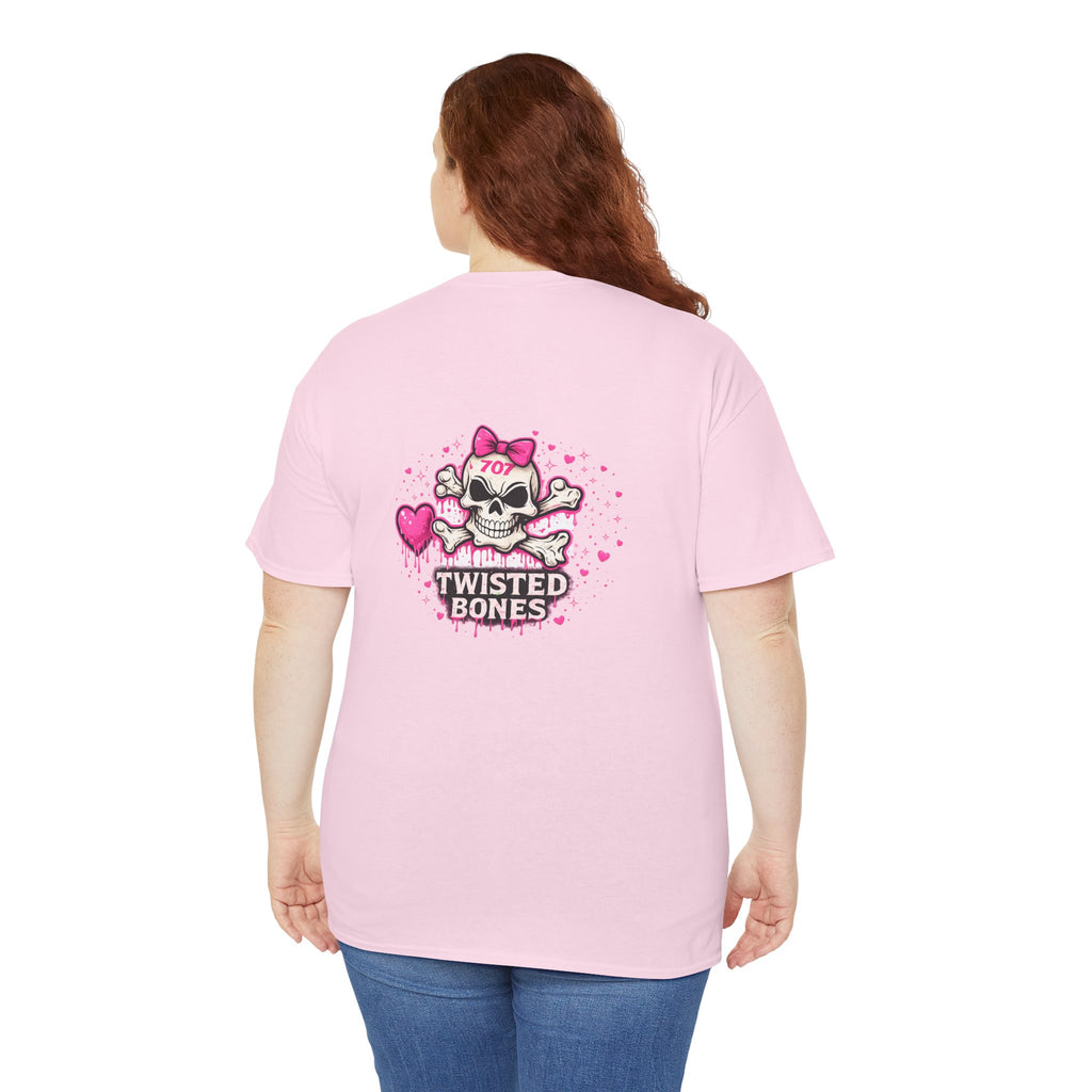 Twisted Bones Cute Skull Tee — Pink Heart Bow Graphic T-Shirt