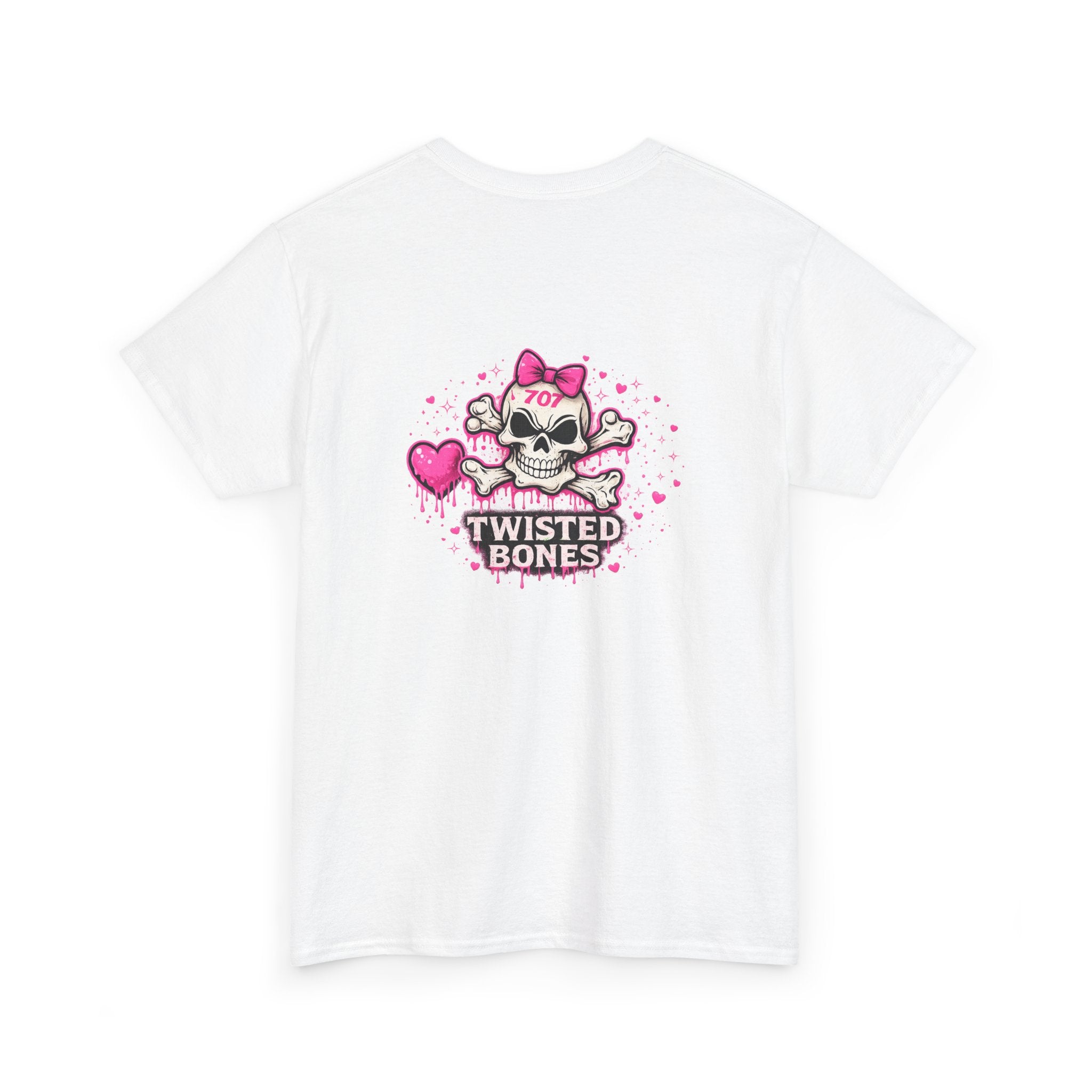 Twisted Bones Cute Skull Tee — Pink Heart Bow Graphic T-Shirt