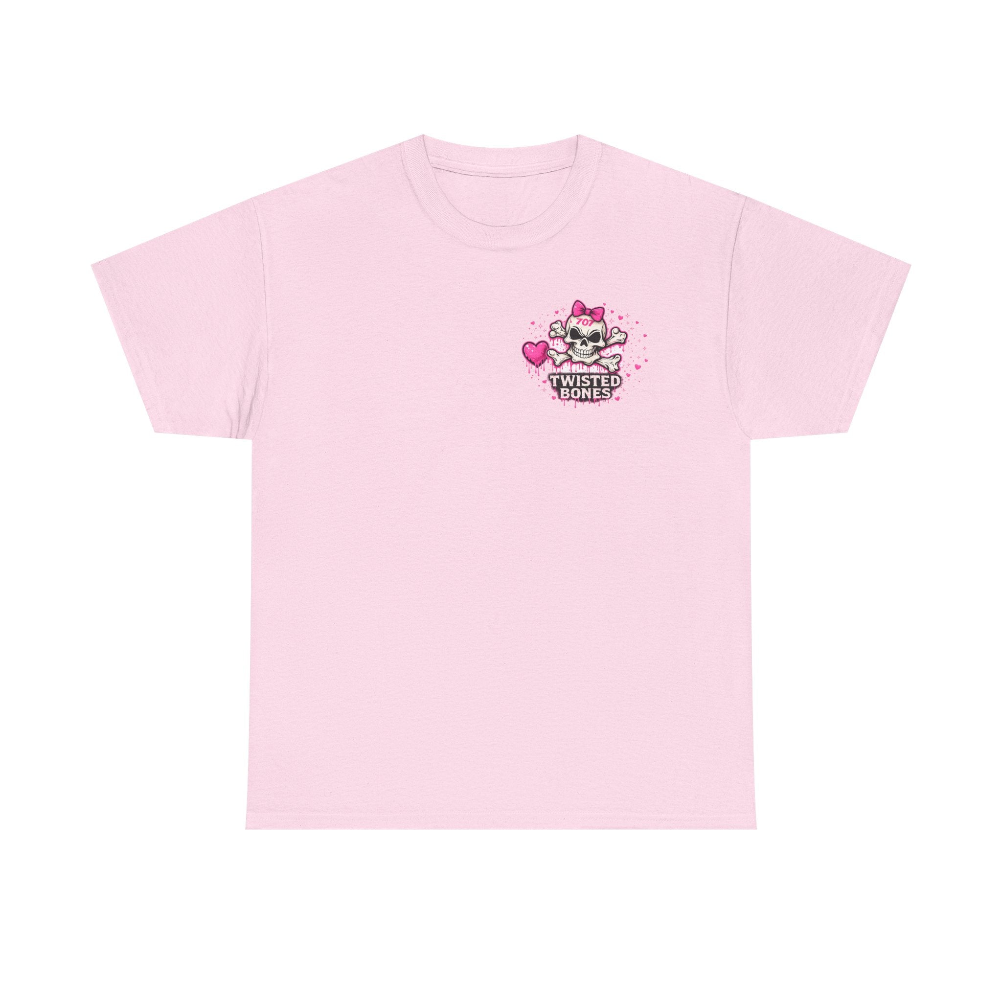 Twisted Bones Cute Skull Tee — Pink Heart Bow Graphic T-Shirt