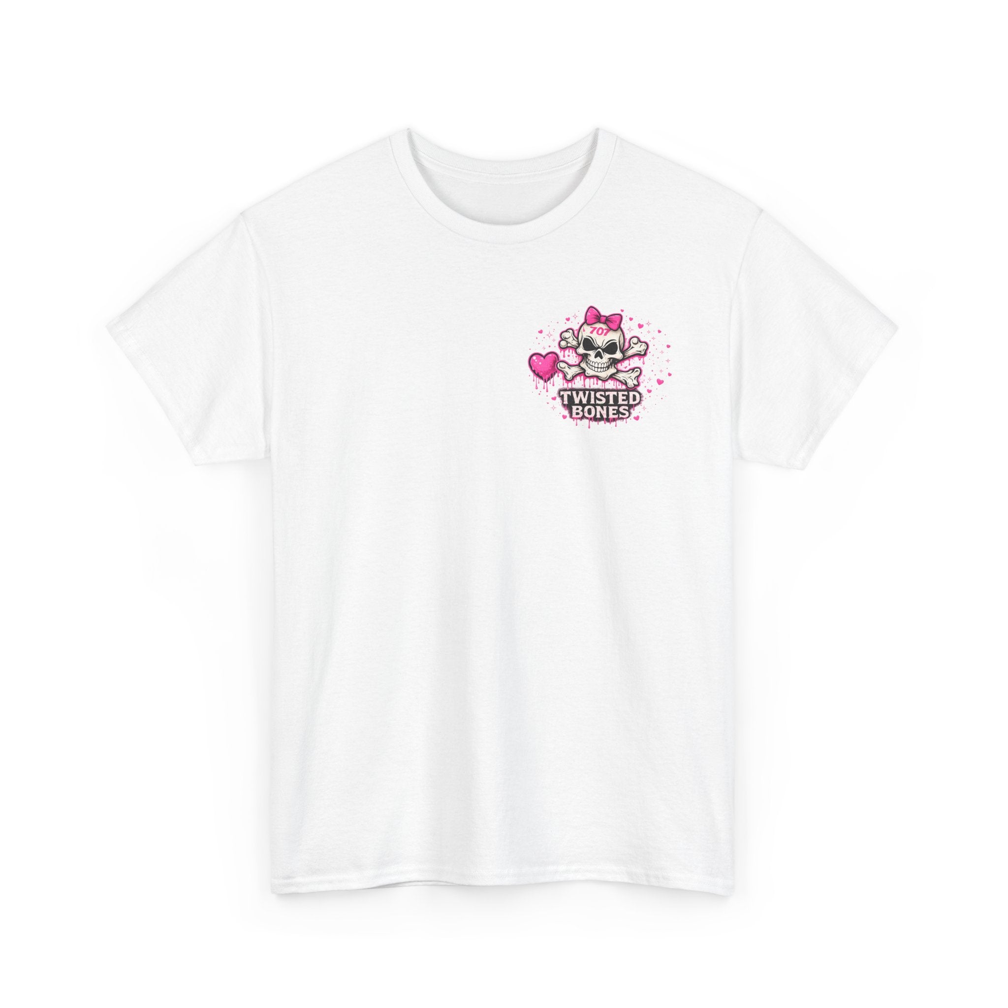 Twisted Bones Cute Skull Tee — Pink Heart Bow Graphic T-Shirt