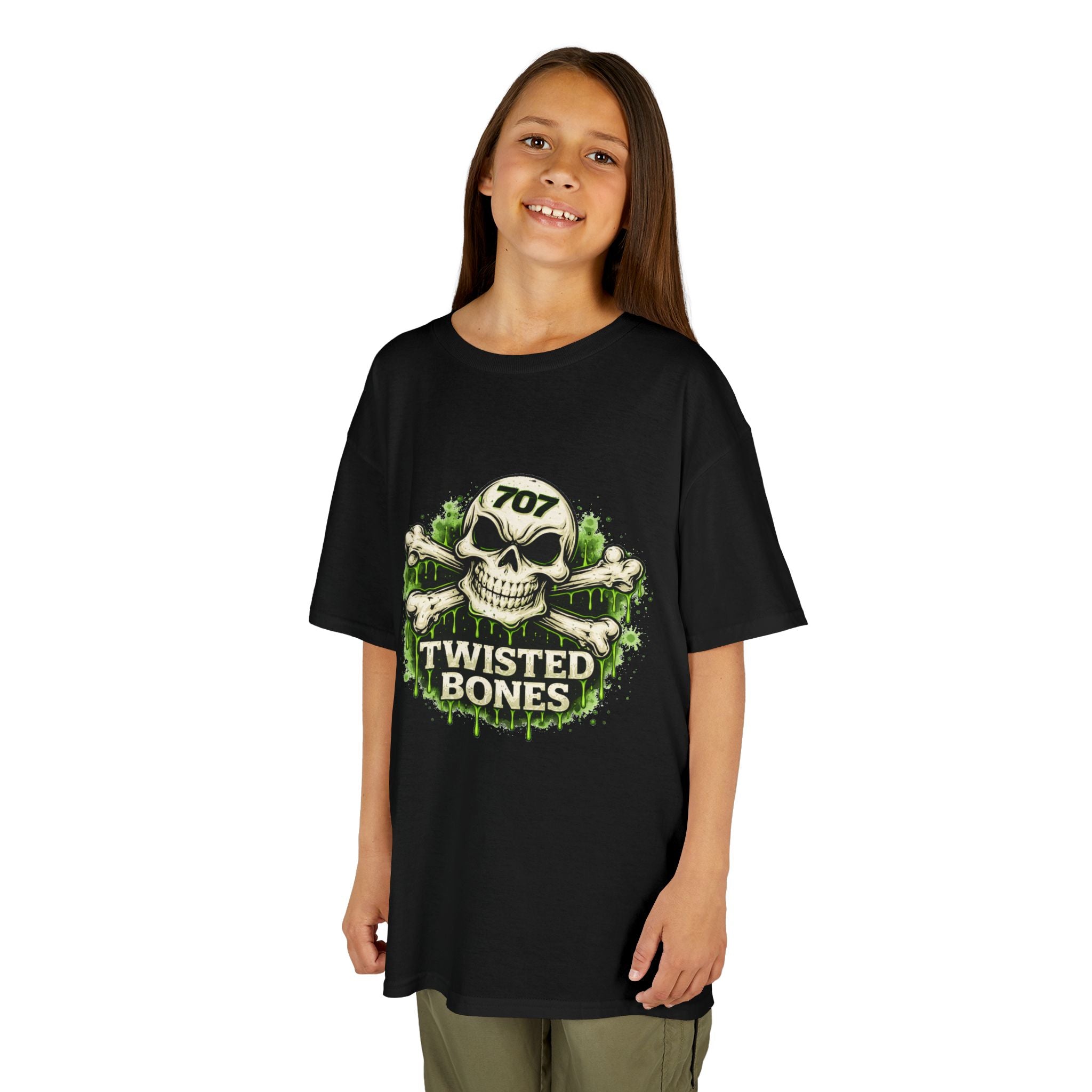 Kids T-Shirt - 'Twisted Bones' Skull & Crossbones Graphic Tee (Green Grunge)