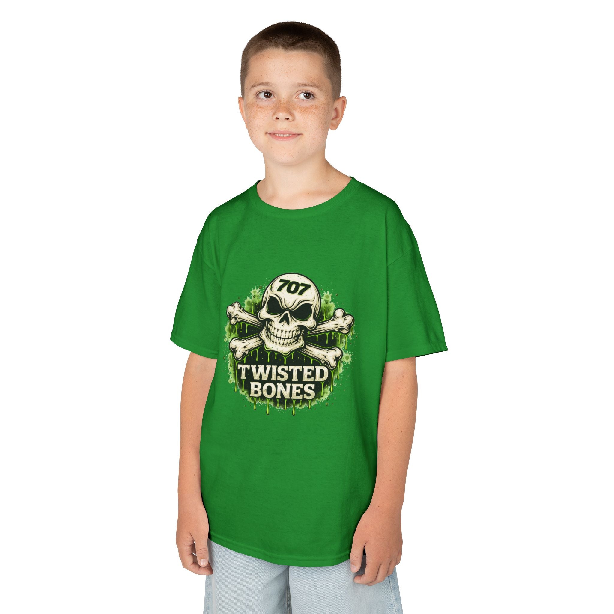 Kids T-Shirt - 'Twisted Bones' Skull & Crossbones Graphic Tee (Green Grunge)