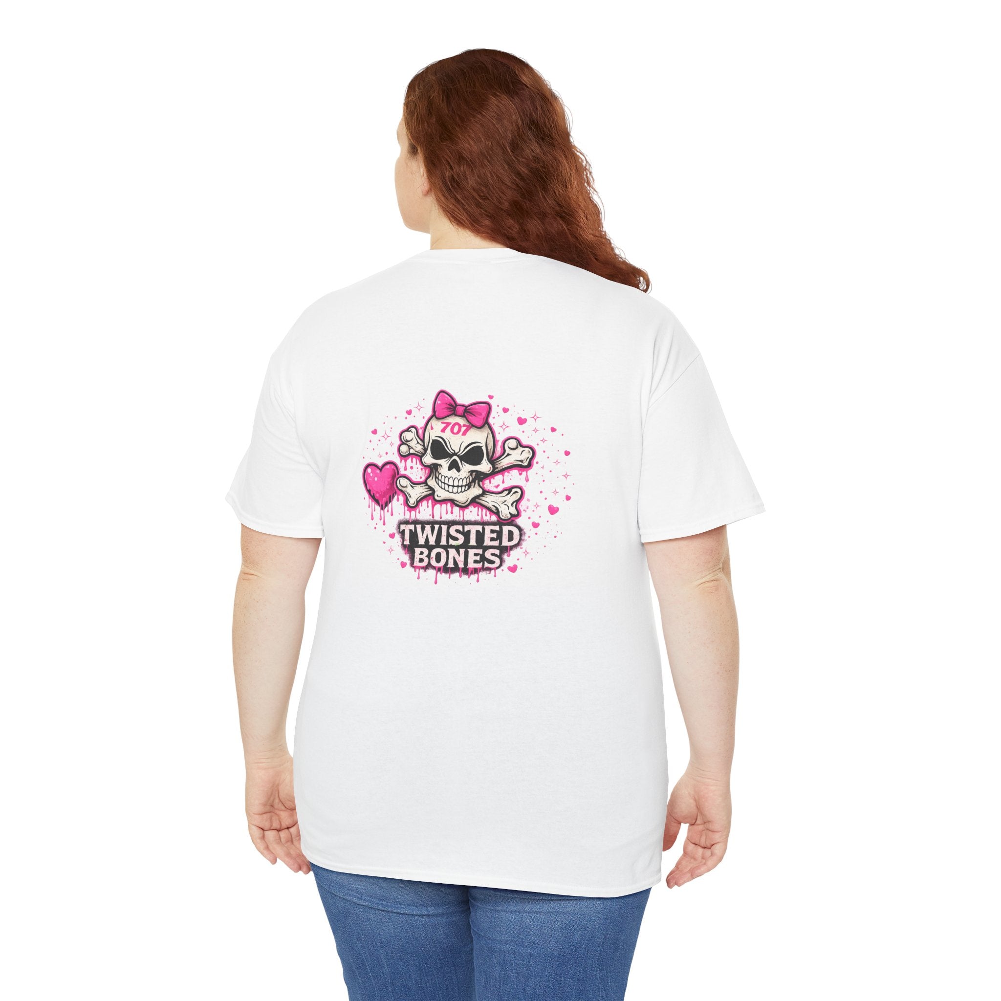 Twisted Bones Cute Skull Tee — Pink Heart Bow Graphic T-Shirt