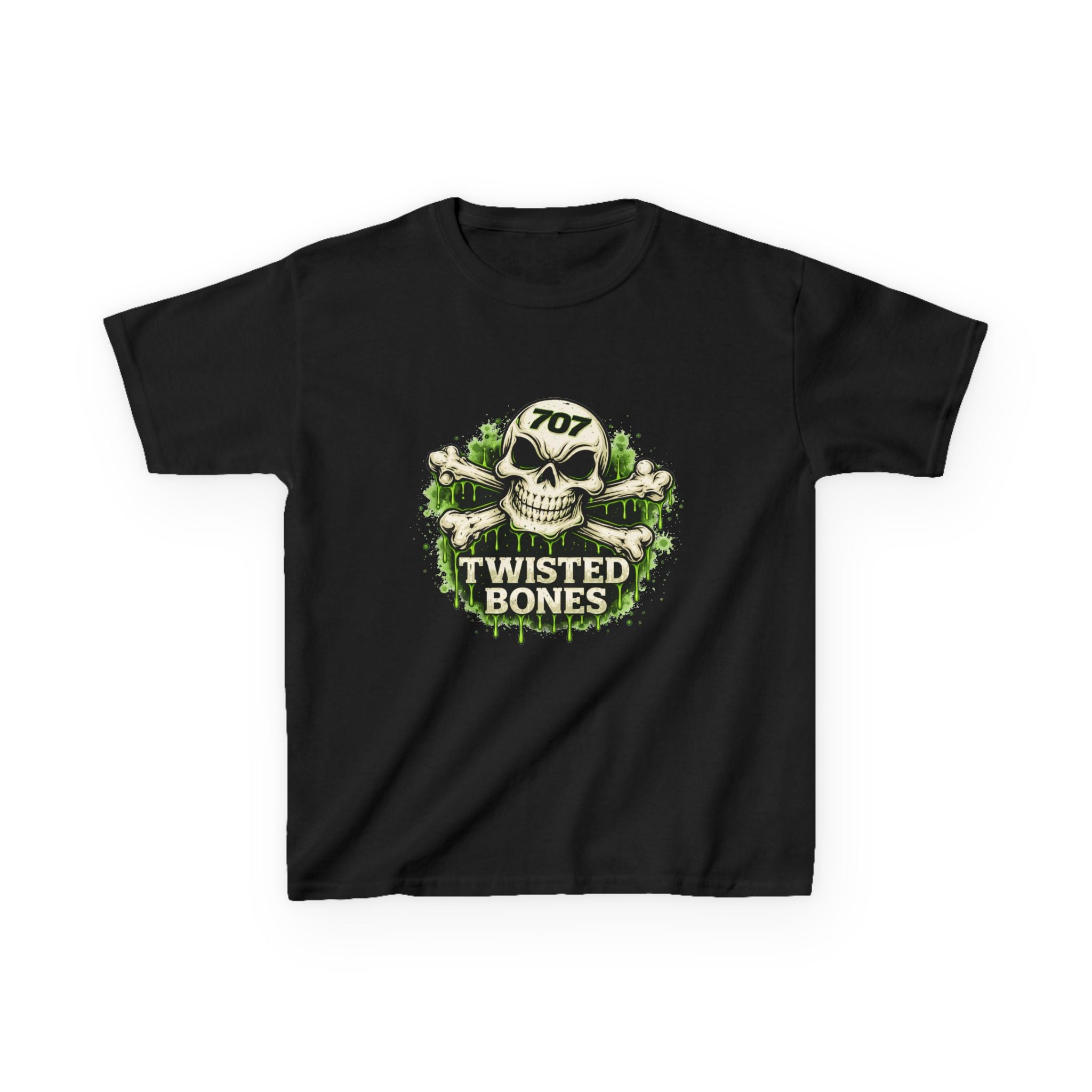 Kids T-Shirt - 'Twisted Bones' Skull & Crossbones Graphic Tee (Green Grunge)