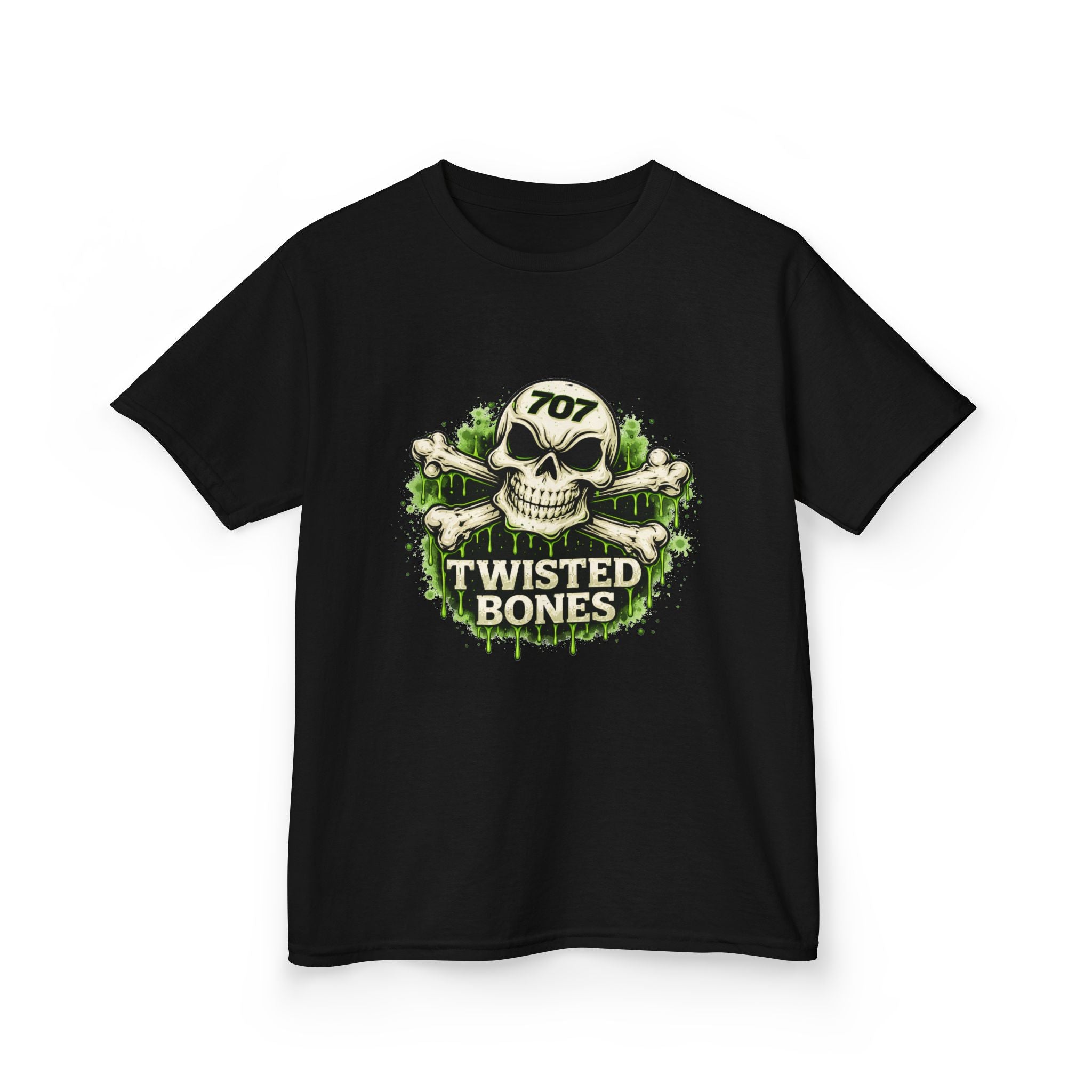 Kids T-Shirt - 'Twisted Bones' Skull & Crossbones Graphic Tee (Green Grunge)