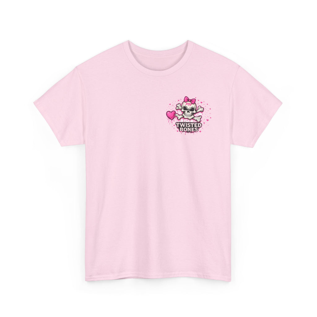 Twisted Bones Cute Skull Tee — Pink Heart Bow Graphic T-Shirt