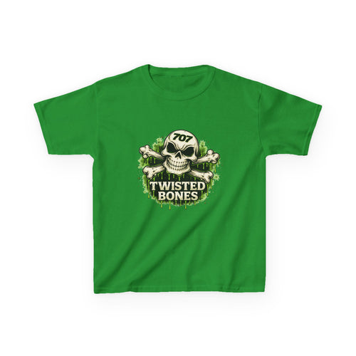 Kids T-Shirt - 'Twisted Bones' Skull & Crossbones Graphic Tee (Green Grunge)