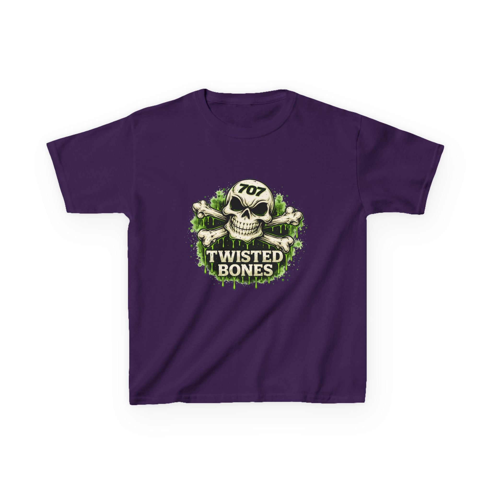 Kids T-Shirt - 'Twisted Bones' Skull & Crossbones Graphic Tee (Green Grunge)