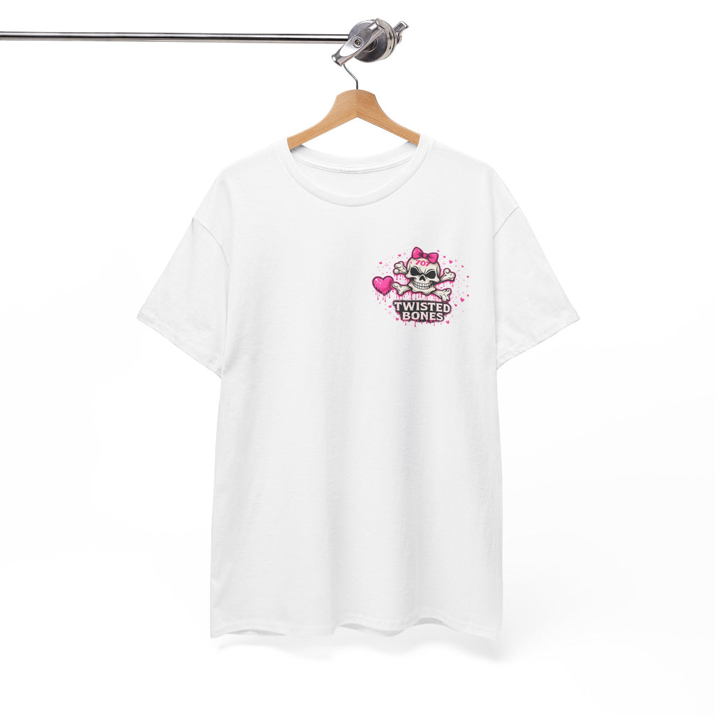 Twisted Bones Cute Skull Tee — Pink Heart Bow Graphic T-Shirt