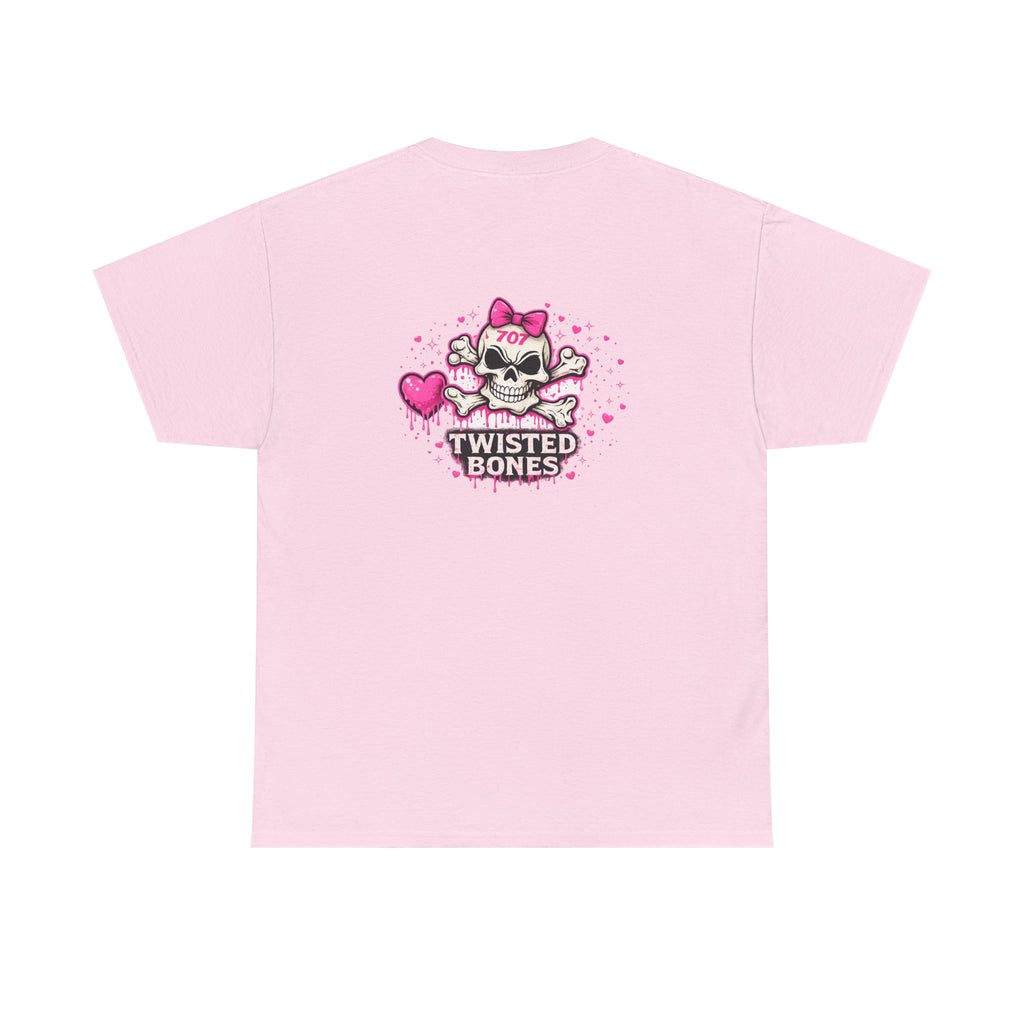Twisted Bones Cute Skull Tee — Pink Heart Bow Graphic T-Shirt